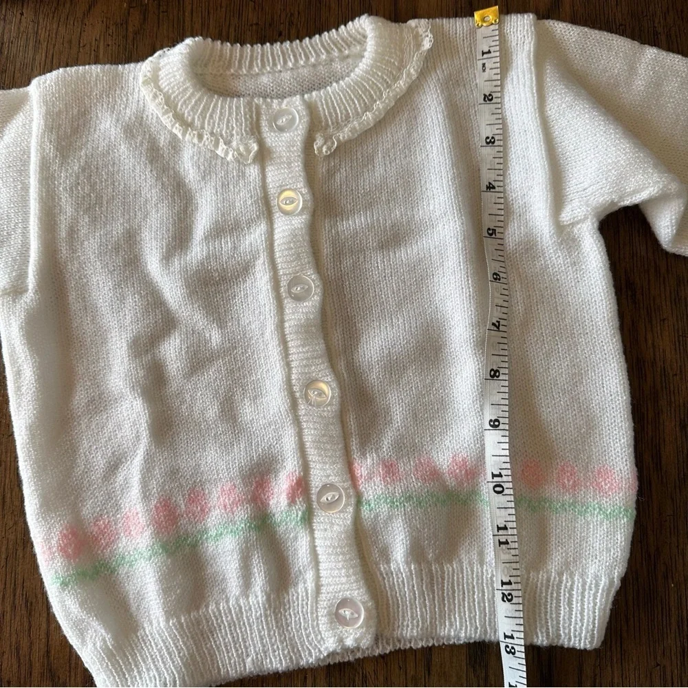 Vintage Baby Knit Cardigan Sweater White Floral Lace 6–12M Cottagecore Easter